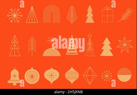 Semplice sfondo natalizio, elementi geometrici dorati minimalisti e icone. Felice anno nuovo banner. Albero di Natale, fiocchi di neve, elementi decorativi. Retro Illustrazione Vettoriale