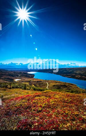 Sole che splendo Mt. Denali e Wonder Lake con la collina di tundra di colore autunnale. Vista aerea. Denali National Park & Preserve, Alaska interna, autunno. Im. Verticale Foto Stock