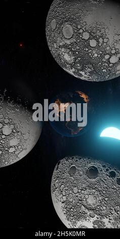 3d rendering, fantasy 3 lune e la terra con il sole con il modo lattiginoso sfondo verticale composizione Foto Stock
