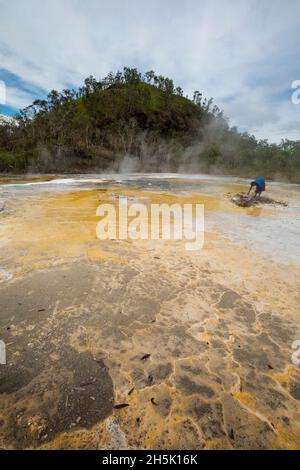 Donna che cucinava patate nelle sorgenti termali dei dell'Isola di Fergusson, Isole D'Entrecasteaux, Papua Nuova Guinea Foto Stock