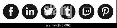 Kiev - 9 novembre 2021: Popolare raccolta di logotipi di social media: Facebook, TikTok, instagram, twitter, youtube, pinterest, periscopio, vimeo. Foto Stock