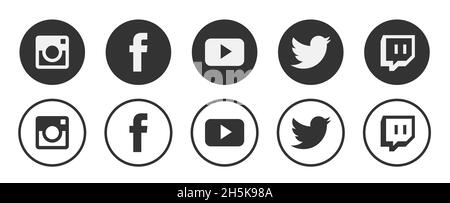 Kiev - 9 novembre 2021: Popolare raccolta di logotipi di social media: Facebook, TikTok, instagram, twitter, youtube, pinterest, periscopio, vimeo. Foto Stock