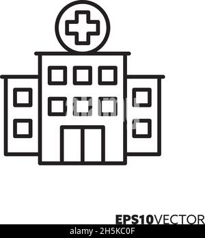 Icona della linea ospedaliera. Edificio medico contorno simbolo cura della salute e concetto di medicina illustrazione vettoriale piatta. Illustrazione Vettoriale