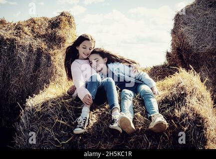 Due giovani sorelle trascorrono del tempo di qualità insieme mentre si siedono su balle di fieno nella loro fattoria familiare; Alcomdale, Alberta, Canada Foto Stock