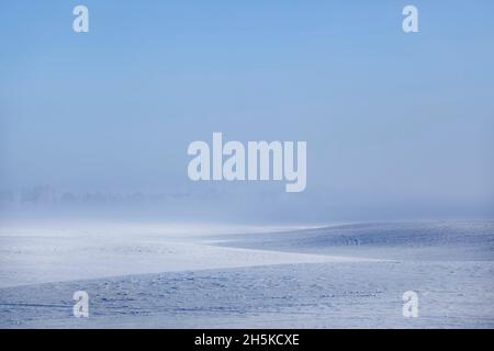 Rolling snow-covered fields in winter with fog rising against a blue sky; Thunder Bay, Ontario, Canada Foto Stock