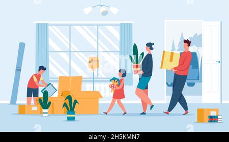 Famiglia felice che si sposta in nuova casa o appartamento, casa di trasferimento. Genitori con i bambini che trasportano le scatole, disimballando le cose illustrazione vettoriale. Madre, padre e figli che detengono materiale per la casa Illustrazione Vettoriale