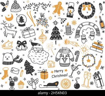 Festeggiamenti di Capodanno, elementi disegnati a mano di natale. Garland, babbo natale, decorazioni partito, vacanze invernali doodle disegno vettore set. Bicchieri con champagne, maglione con renna Illustrazione Vettoriale