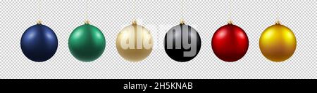 Collezione di baubles di Natale dai colori realistici. Adesivi, carte o Social Media Post Decoration 3D Ball Templates Set. Anno nuovo Illustrazione Vettoriale
