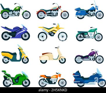 Moto, moto, scooter consegna, chopper piatto icona. Moto d'epoca, vista laterale diversi tipi di veicoli motociclismo vettore set. Vari modelli di trasporto per corse di velocità Illustrazione Vettoriale