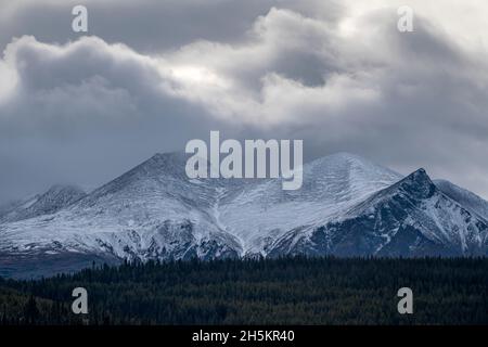 Paesaggio invernale con montagne innevate sotto formazioni di nubi scure e una foresta in primo piano, vicino alla città di Whitehorse, Yukon Foto Stock