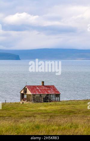 Vecchia casa in estate lungo la costa dell'Islanda settentrionale sulla penisola di Vatnsnes; Hvammstangi, Regione settentrionale, Islanda Foto Stock