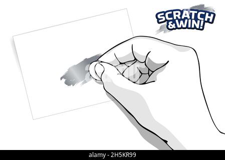 Immagine della mano che graffia una carta da gioco con una moneta. Gioco di carta graffio. Idea per la promozione del gioco. Illustrazione e sfondo bianco. Stratificato Illustrazione Vettoriale