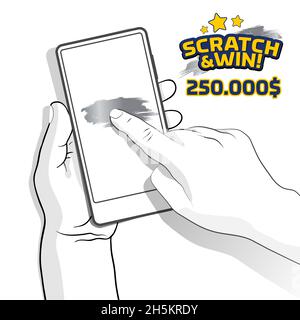 Mano raccogliendo il mobile e con l'altra mano giocando gratta e vinci carte sullo schermo. Idea per la promozione del gioco d'azzardo online. Illustrazione e col. Bianco Illustrazione Vettoriale