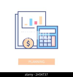 Pianificazione - icona di stile di linea colorata moderna su sfondo bianco. Immagine dettagliata accurata di grafico di spesa e reddito, calcolatrice, moneta, dollaro. Reas Illustrazione Vettoriale