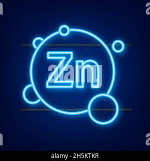 Zn, zinco per il segno al neon sanitario. Complesso vitaminico. Concetto di assistenza sanitaria. Concetto di cibo. Icona del cibo biologico. Illustrazione dello stock vettoriale. Illustrazione Vettoriale