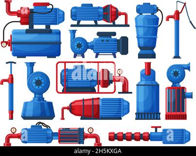 Pompe dell'acqua, sistema di pompaggio per motori industriali dell'acqua. Serbatoi dell'acqua di fabbrica, compressori di pompaggio dell'acqua, set di illustrazioni vettoriali. Sistemi di motore di pompaggio Illustrazione Vettoriale