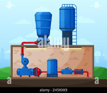 Stazione di pompaggio dell'acqua industriale, tecnologia di pompaggio dell'acqua. Illustrazione piatta del vettore di processo della stazione di pompaggio dell'acqua in fabbrica. Pompaggio dell'acqua Illustrazione Vettoriale