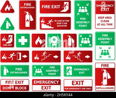 Simboli di sicurezza antincendio, segnali di emergenza, pronto soccorso, punto di montaggio e uscita. Allarme di emergenza per il rischio di incendio, set di illustrazioni vettoriali per simboli di pronto soccorso Illustrazione Vettoriale