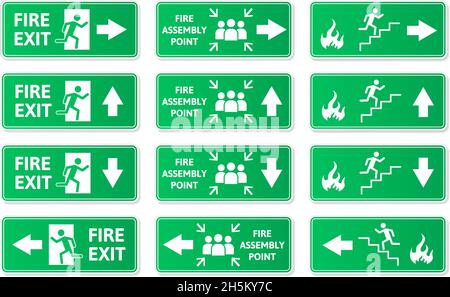 Segnali verdi di uscita di emergenza, uscita antincendio, simboli dei punti di assemblaggio antincendio. Corsia di evacuazione, uomo in marcia e freccia segno verde piastre vettore illustrazione set Illustrazione Vettoriale