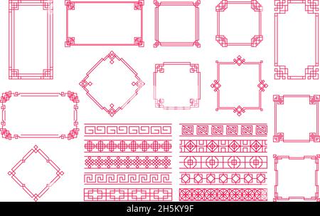 Ornamento cinese tradizionale decorativo elementi festive, cornici, bordi. Set di illustrazioni vettoriali Oriental Twisted Festive Frame. Cinese Illustrazione Vettoriale