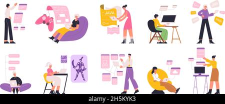 Programmatori, web, ingegneri software e designer di giochi. Web, sviluppo di giochi, script di codifica, software sviluppatori di set di illustrazioni vettoriali flat Illustrazione Vettoriale
