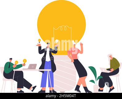 Creazione di idee di successo, brainstorming aziendale, discussione creativa. Uomini d'affari che condividono idee e pensieri illustrazione piatta vettoriale. Bene Illustrazione Vettoriale