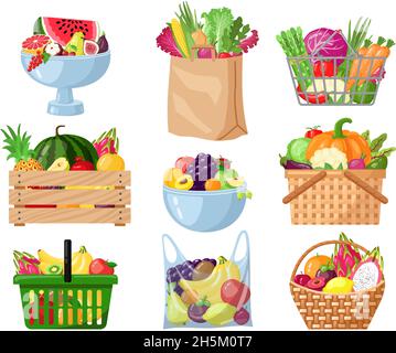 Frutta e verdura cartoon in cestino, shopping bag, ciotola, scatole. Negozio di alimentari confezionati vegetariani freschi biologici e frutta vettore illustrazione set Illustrazione Vettoriale