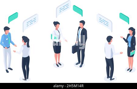 Business People isometrici, comunicazione bolla del discorso, brainstorming o discutere. Illustrazione vettoriale dei caratteri di comunicazione di social network Illustrazione Vettoriale