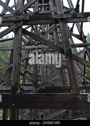 Vista dell'imponente ponte ferroviario restaurato Kinsol Trestle in legno sull'isola di Vancouver, British Columbia, Canada attraversando il fiume Koksilah. Foto Stock