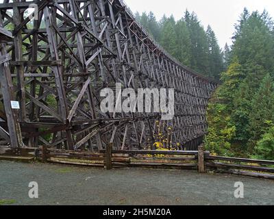 Vista del ponte ferroviario storico restaurato Kinsol Trestle fatto di tavole di legno circondato da fitta foresta sull'isola di Vancouver, BC, Canada. Foto Stock