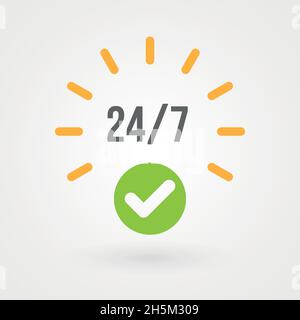 icona "24 ore". Concetto di 24/7, aperto 24 ore, servizio clienti, emergenza, aperto 24 ore su 24, call center, aperto tutti i giorni. Illustrazione vettoriale, Illustrazione Vettoriale