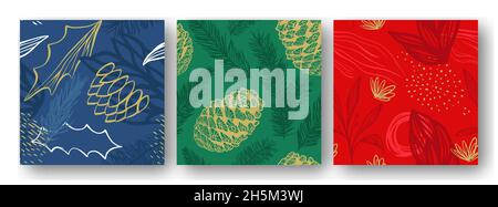 Astratto natale natura decorazione senza giunture modello illustrazione set. Collezione di fondo xmas in foglia di piante d'oro disegnata a mano di lusso con pino br Illustrazione Vettoriale