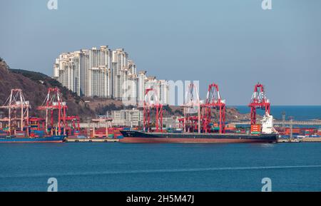 Busan, Corea del Sud - 22 marzo 2018: Il carico della nave container è in corso, vista del porto di Busan in una giornata di sole Foto Stock