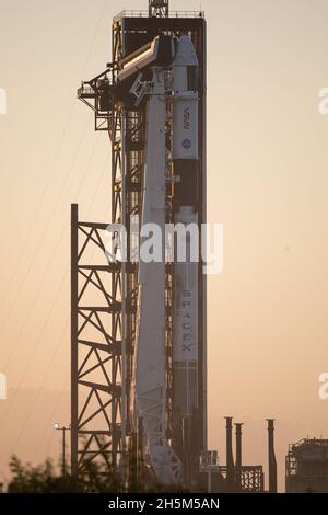 Capo Canaveral, Stati Uniti d'America. 09 novembre 2021. Un razzo SpaceX Falcon 9 con la navicella spaziale Crew Dragon per la missione della NASA SpaceX Crew-3 nella Stazione spaziale Internazionale continua i preparativi per il Launch Complex 39A al Kennedy Space Center il 9 novembre 2021 a Cape Canaveral, Florida. L'equipaggio degli astronauti della NASA Raja Chari, Tom Marshburn, Kayla Barron e l'astronauta dell'Agenzia spaziale europea Matthias Maurer sono previsti per il lancio il 10 novembre dopo diversi ritardi. Credit: Joel Kowsky/NASA/Alamy Live News Foto Stock