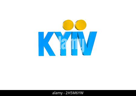 Illustrazione 3D (rendering 3D) della parola KIEV, la capitale dell'Ucraina, scritta in blu e giallo su un sottosquadro su uno sfondo bianco nel cent Foto Stock