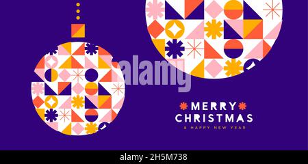 Allegro Natale felice anno nuovo biglietto di auguri illustrazione di ornamento bauble con icone geometriche colorate in stile mosaico trendy. Elegante Nord dorato Illustrazione Vettoriale