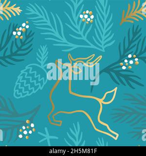 Rosso Natale natura decorazione senza giunture disegno illustrazione con oro mano disegnato pino ramo albero. Festive renna xmas sfondo, lusso moderno w Illustrazione Vettoriale