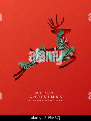Allegro Natale felice anno nuovo biglietto di auguri illustrazione di carta 3d taglio animale renna con vacanza inverno foglia di pianta all'interno. Eco-friendly xmas cel Illustrazione Vettoriale