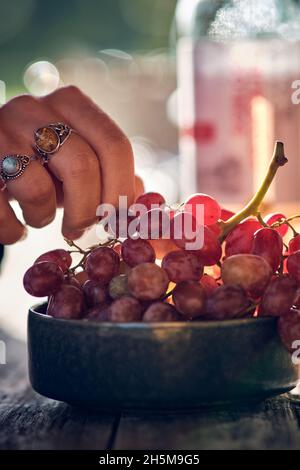Raccogliere a mano con cura alcune uve rosse . Foto di alta qualità Foto Stock