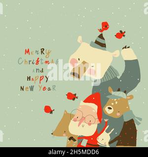 Carino Cartoon Babbo Natale riunione Vacanze invernali con animali divertenti Illustrazione Vettoriale