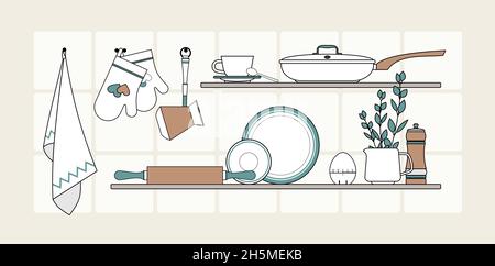Cucina concetto interno vettore isolato. Ripiani da cucina moderni e minimalisti, piastrelle bianche. Utensili da cucina posate ristorante casa. Flayer per striscioni con illustrazione della linea. Utensili di cottura retrò elettrodomestici Illustrazione Vettoriale