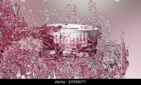 Illustrazione in 3d del vaso vuoto in vetro per cosmetici, confezione con lozione, flacone in aria. Cosmetici per la pelle - donna. Esempio di disposizione del prodotto di bellezza della confezione. Foto Stock