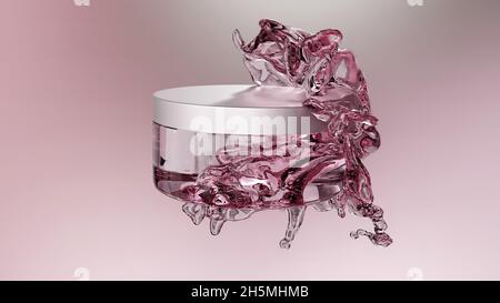 Illustrazione in 3d del vaso vuoto in vetro per cosmetici, confezione con lozione, flacone in aria. Cosmetici per la pelle - donna. Esempio di disposizione del prodotto di bellezza della confezione. Foto Stock