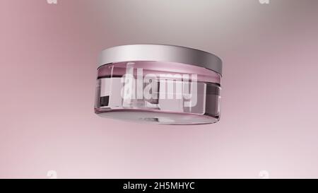 Vasetto in vetro per cosmetici vuoto, confezione con lozione, bottiglia in aria. Cosmetici per la pelle - donna. Esempio di disposizione del prodotto di bellezza della confezione. Luma opaco, Foto Stock