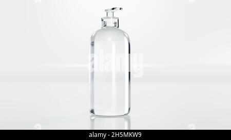 fondo in gel igienizzante, gel detergente per mani senza acqua nel fondo bianco trasparente della pompa, plastica, rendering 3d Foto Stock