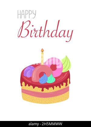 Buon compleanno. Tessera di compleanno con torta. Torta di compleanno disegnata a mano con candela. Illustrazione Vettoriale