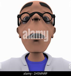 Rendering in 3D di un divertente personaggio cartoonish con baffi, occhiali rotondi e camice da medico Foto Stock