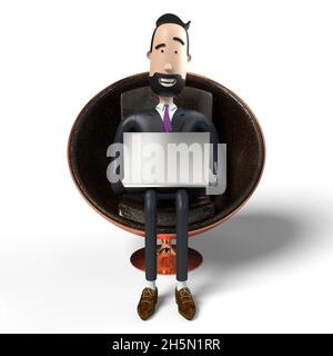 Bel fumetto uomo d'affari che lavora su un laptop - illustrazione 3D Foto Stock