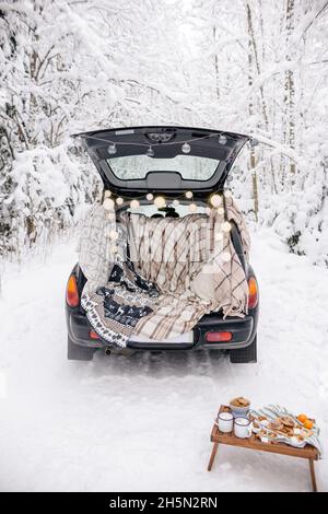 Picnic invernale allestitoci in auto. Picnic sulla Foresta della neve. Storia d'amore nella natura Foto Stock