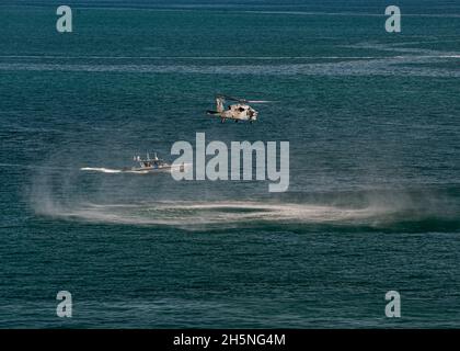 Un MH-60S Knighthawk assegnato a Helicopter Sea Combat Squadron (HSC) 5 conduce manovre tattiche di volo durante un esercizio antiterrorismo. HSC-5 sarà schierato con la portaerei USS George H.W. Bush e opererà nell'Oceano Atlantico a sostegno delle operazioni navali per mantenere la stabilità e la sicurezza marittima al fine di garantire l'accesso, scoraggiare l'aggressione e difendere gli interessi statunitensi, alleati e partner. (STATI UNITI Foto Navy di Mass Communication Specialist terza classe Novalee Manzella) Foto Stock